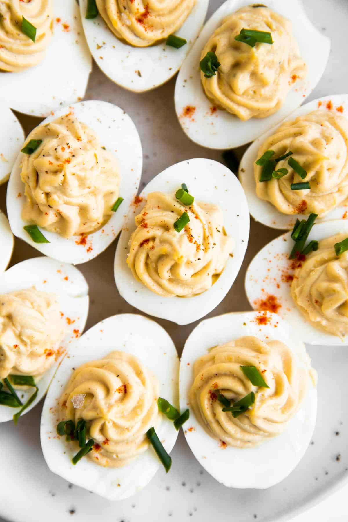 top down close up photo of deviled eggs