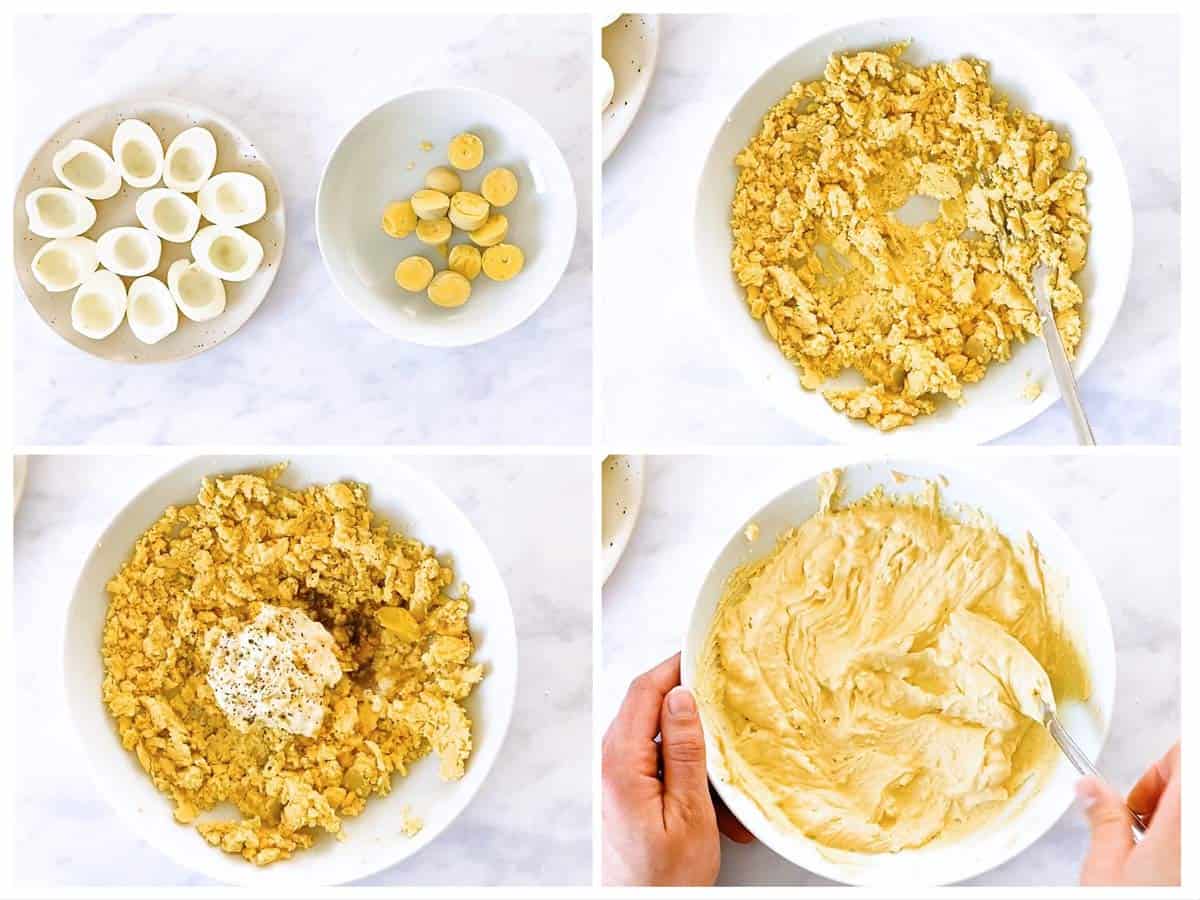 photo collage to show how to prepare filling for deviled eggs