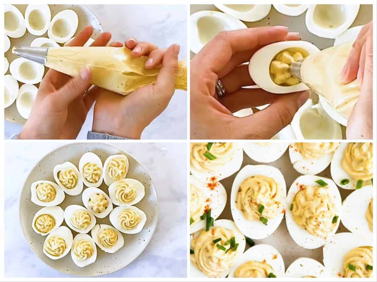 photo collage to show how to fill and garnish deviled eggs