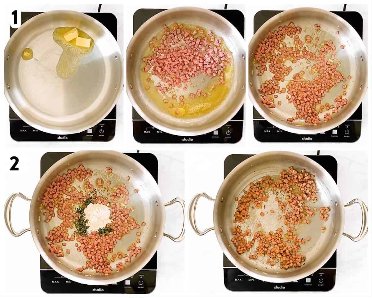 photo collage to show how to cook ham an garlic with herbs and flour