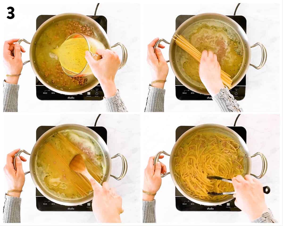 photo collage to show how to prepare ham an pea pasta in one pot