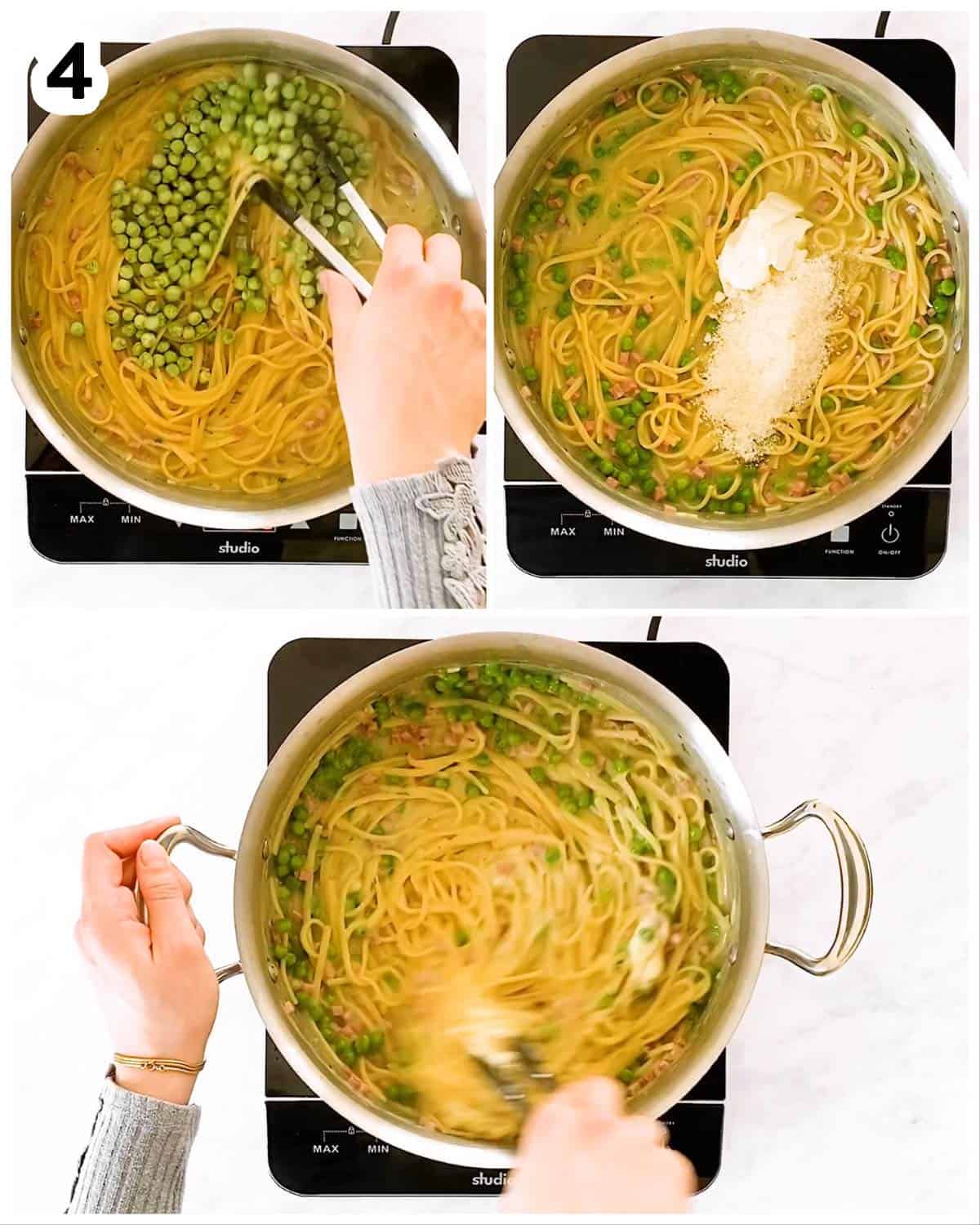 photo collage to show how to finish ham and pea pasta with cheese