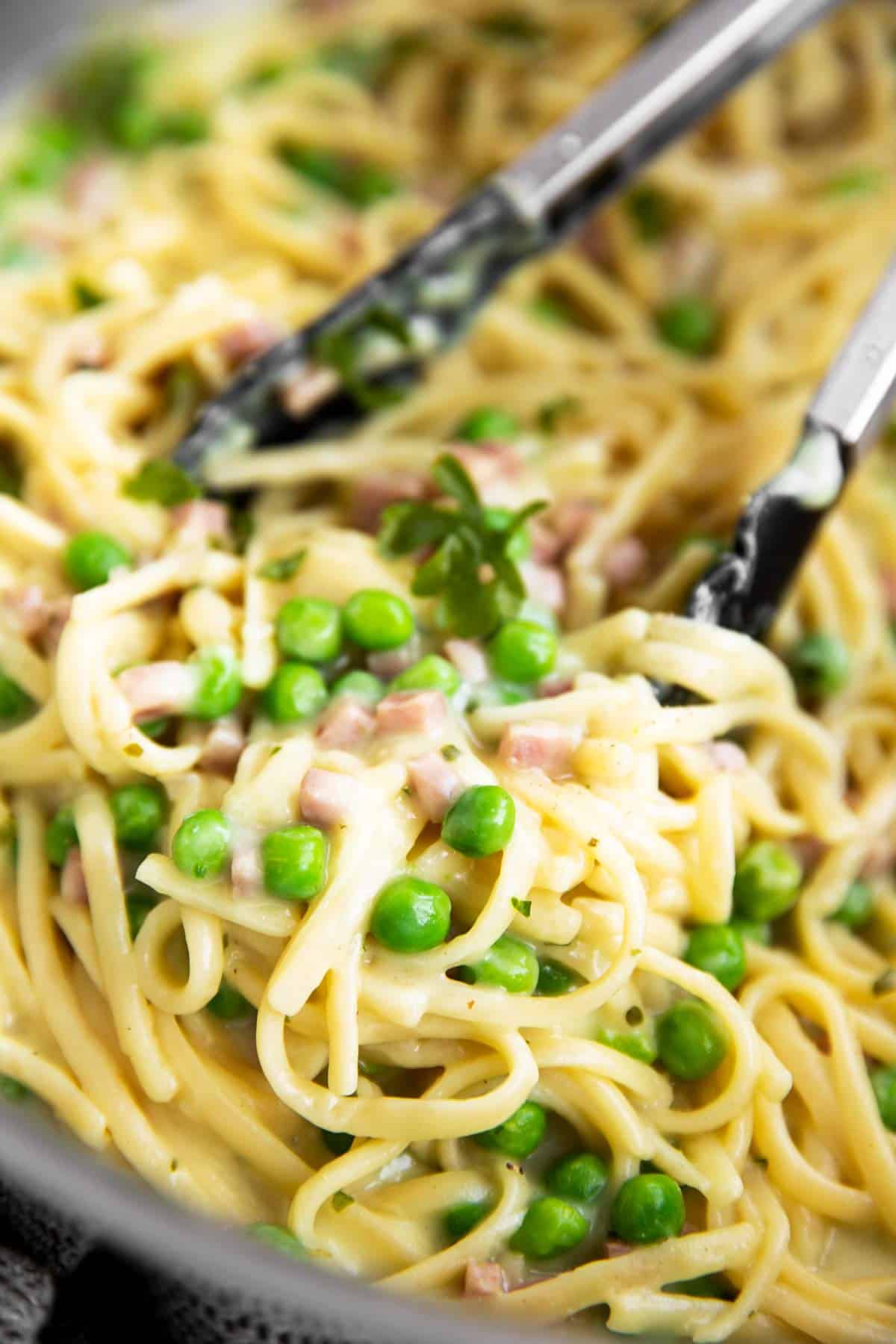 close up photo of ham and pea pasta