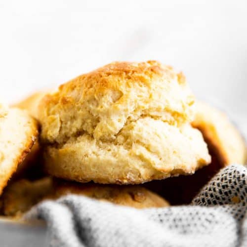 close up photo of a biscuit in a basket