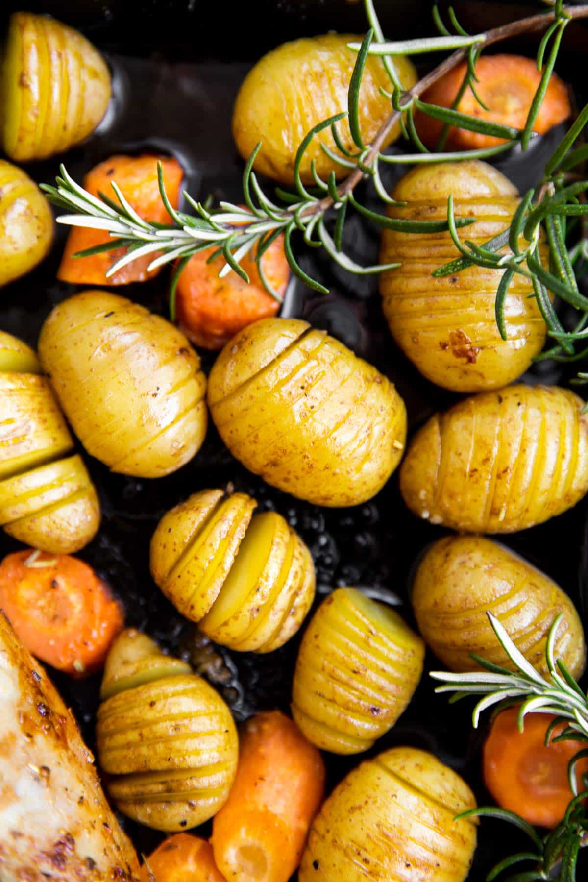 pan of roasted hasselback potatoes