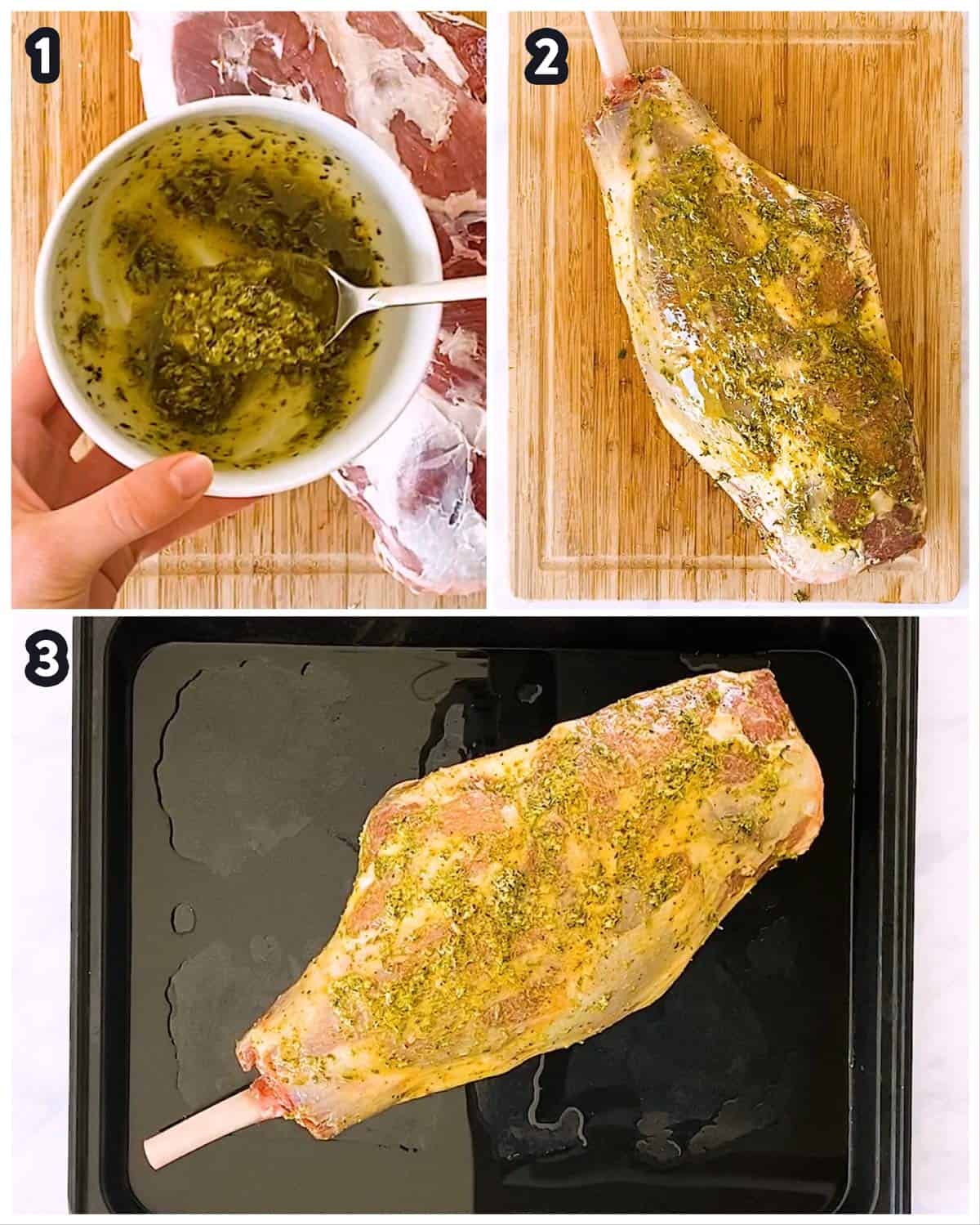 photo collage to show how to season leg of lamb for roasting