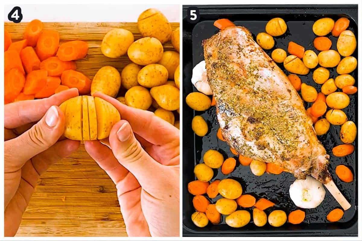 photo collage to show how to roast leg of lamb with carrots and potatoes