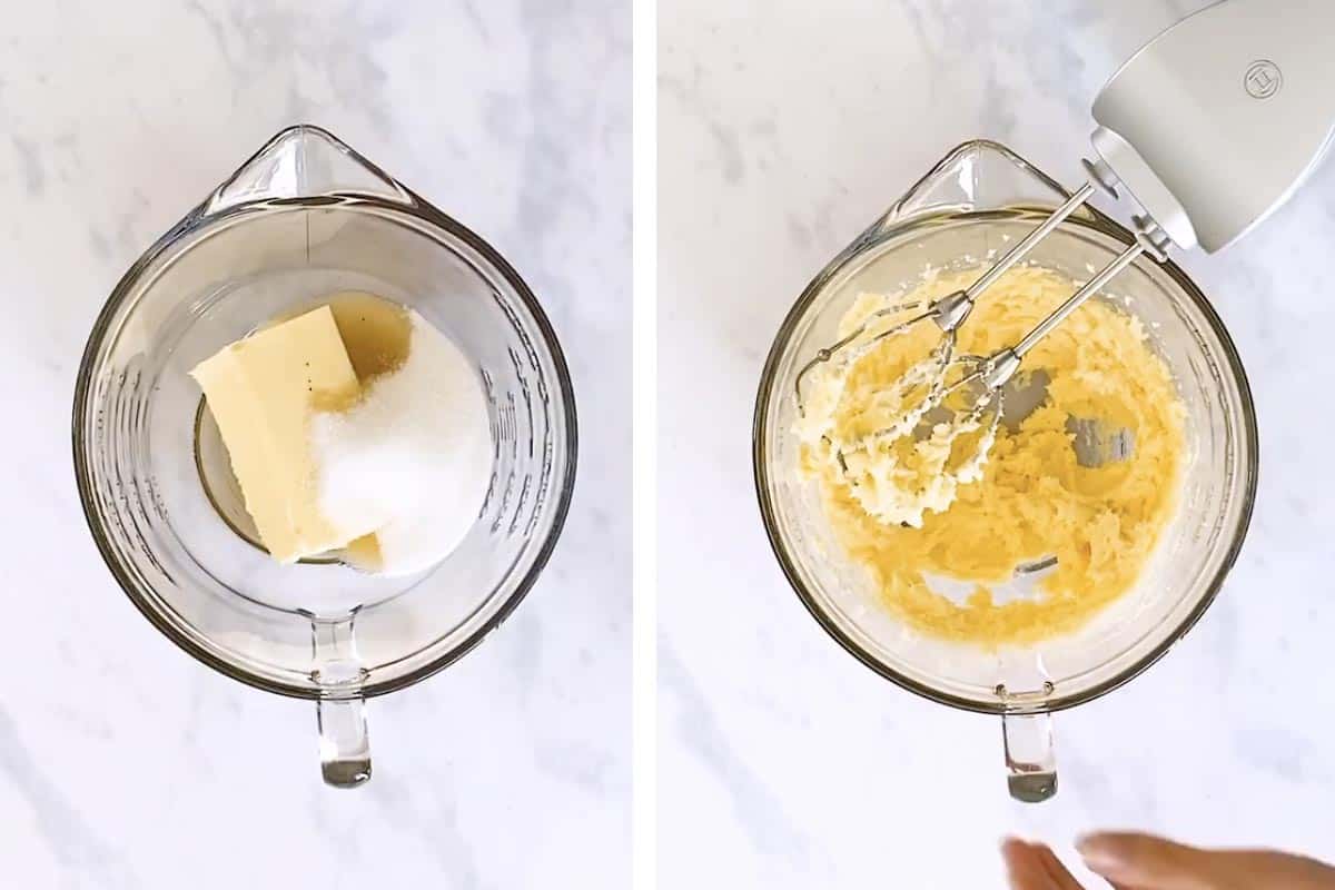 photo collage to show how to cream butter and sugar for shortbread