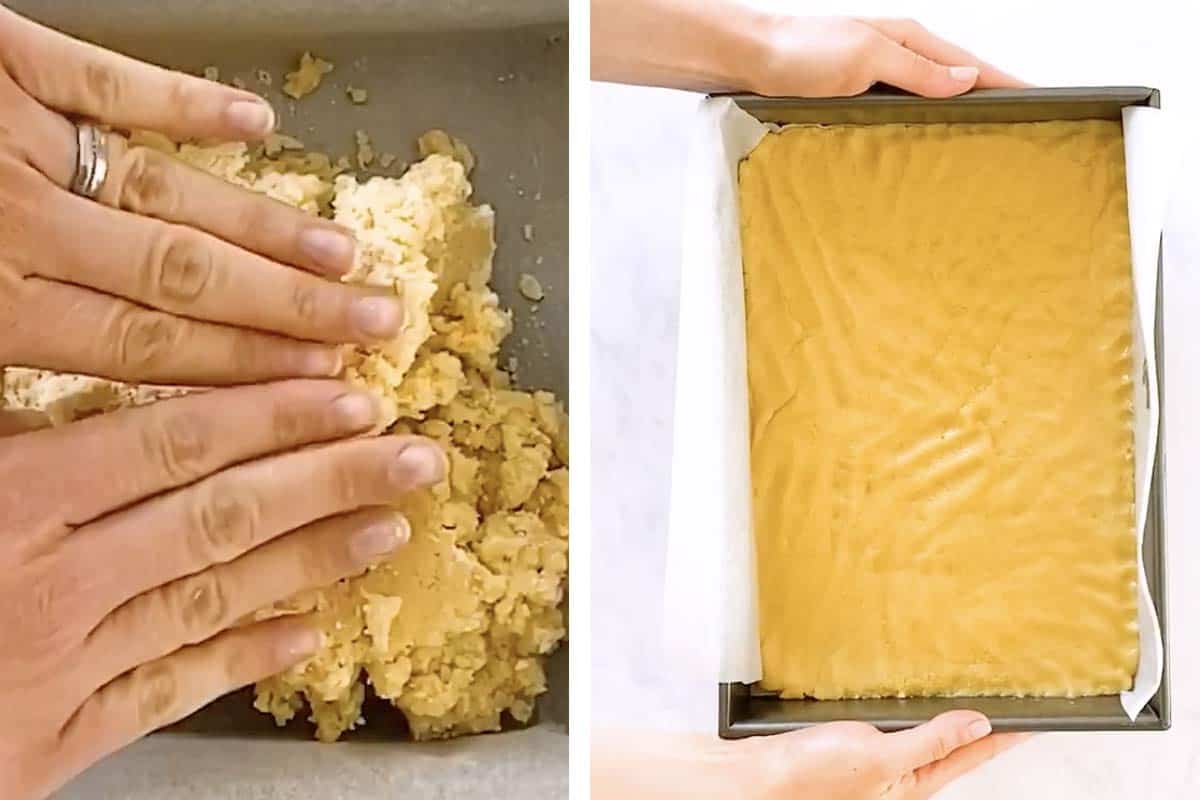 photo collage to show how to press shortbread cookie dough into cake pan