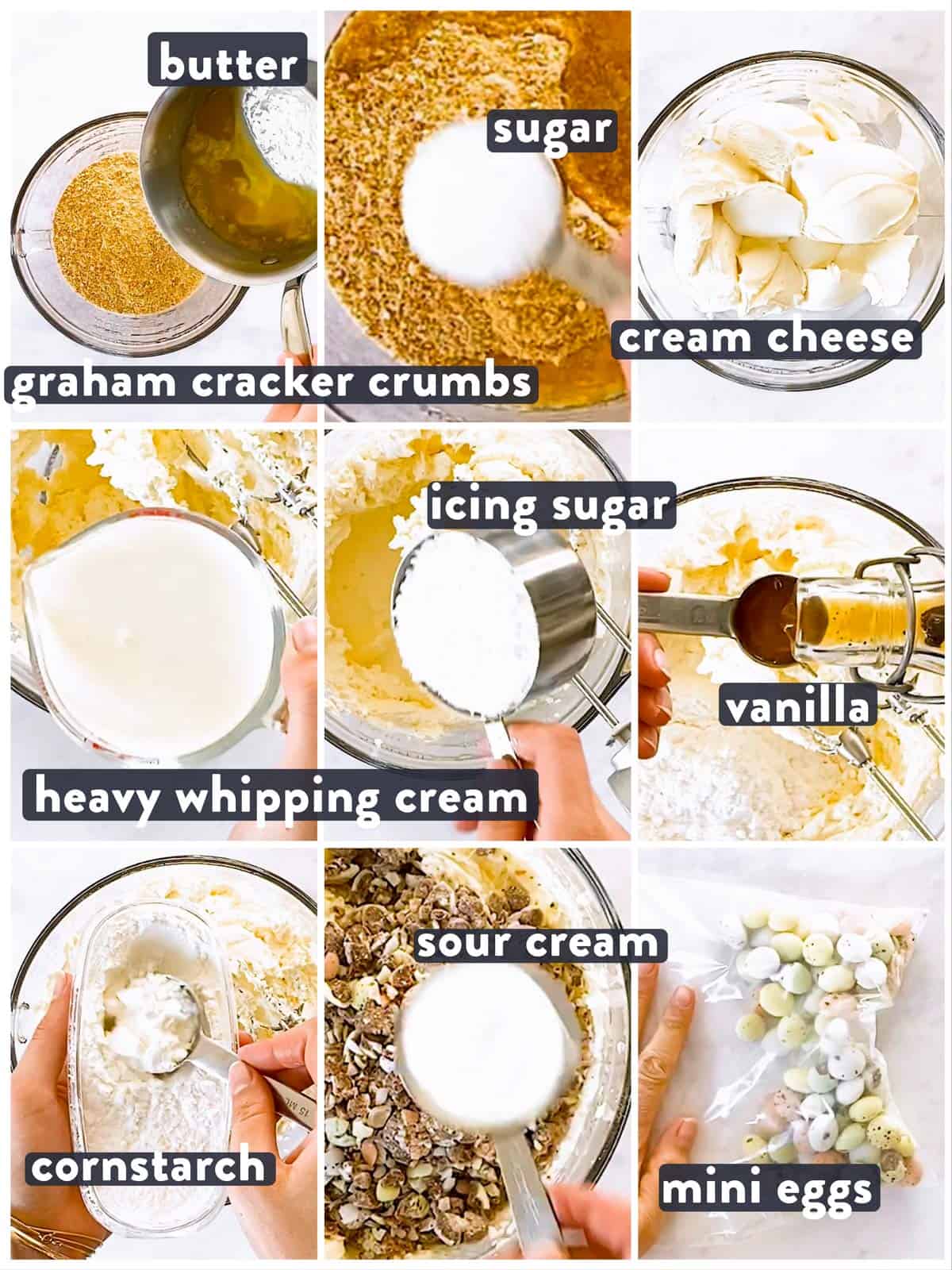 ingredients for mini egg cheesecake with text labels