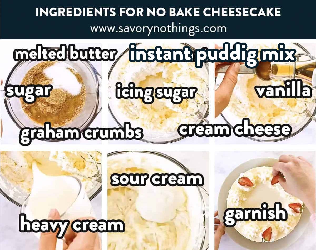 ingredients for no bake cheesecake with text labels