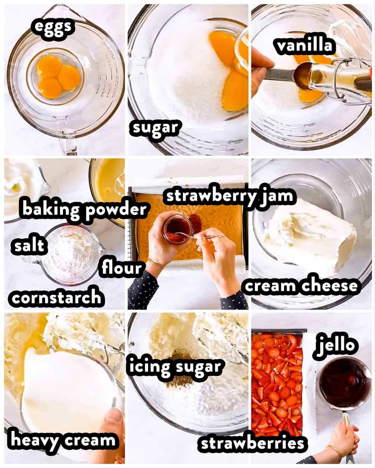 ingredients for fresh strawberry cake with text labels