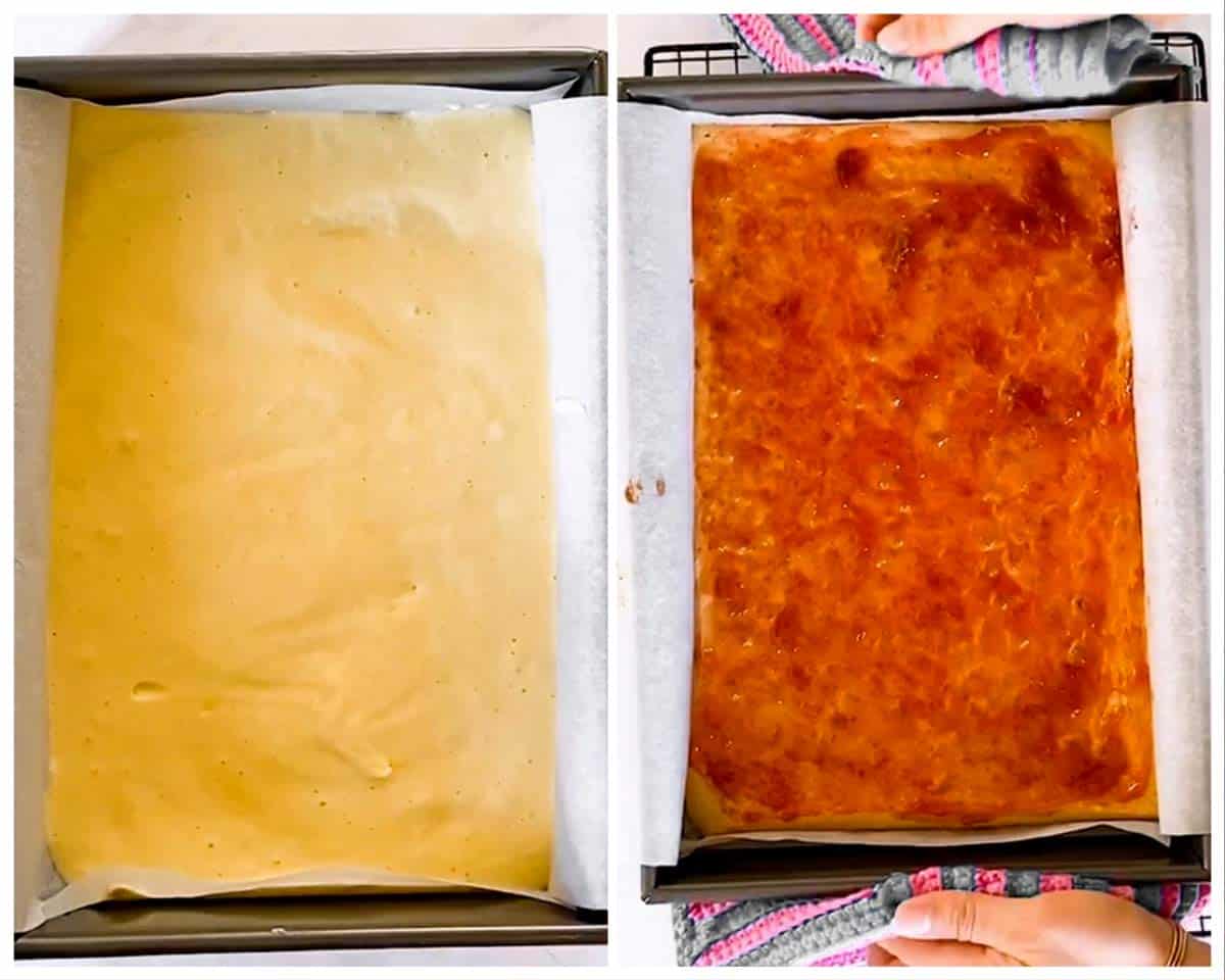 photo collage to show unbaked and baked yellow cake base