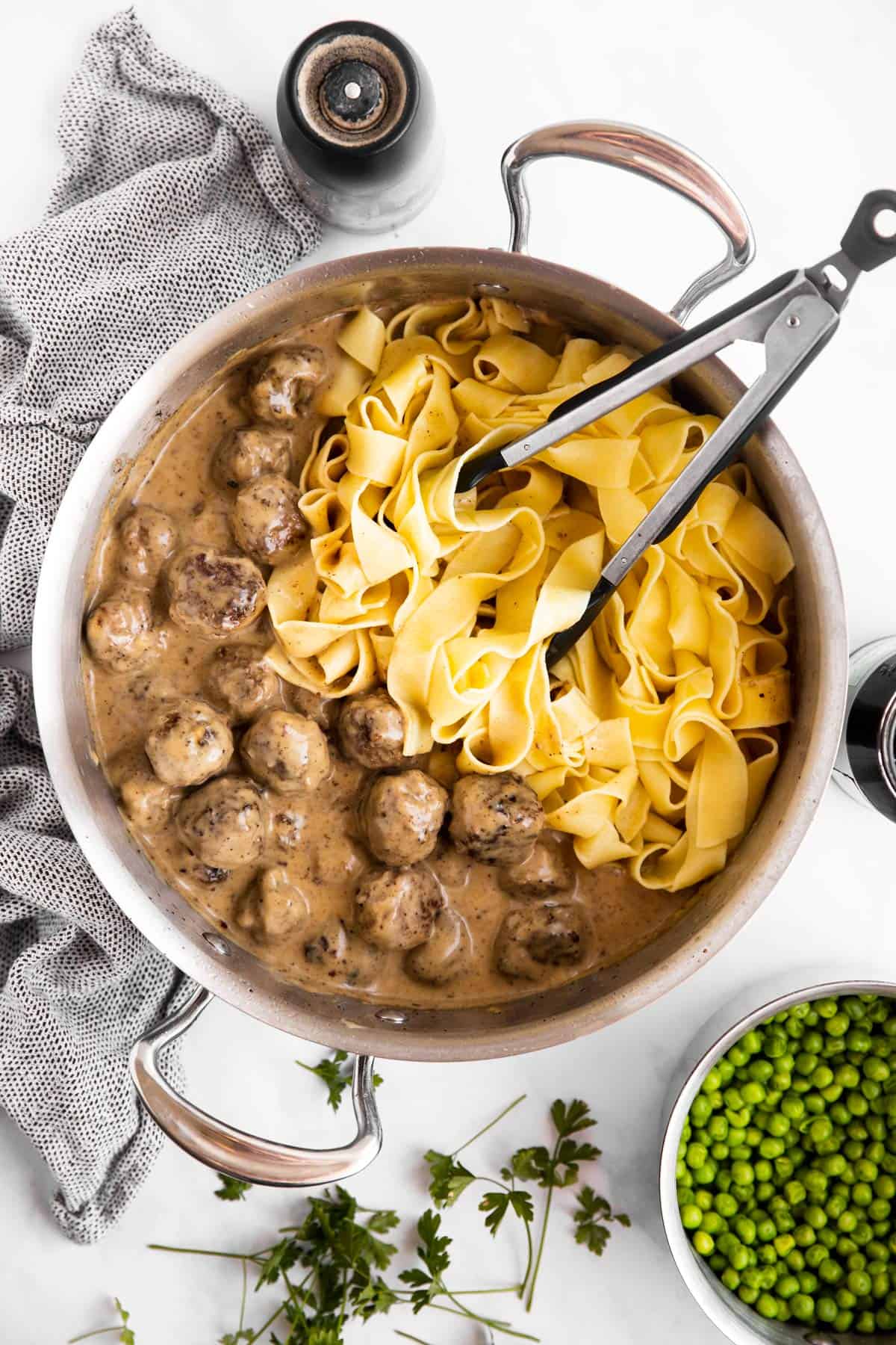 top down view on pan with noodles, Swedish meatballs