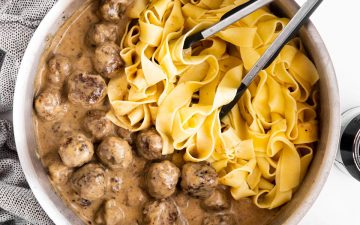 top down view on pan with noodles, Swedish meatballs