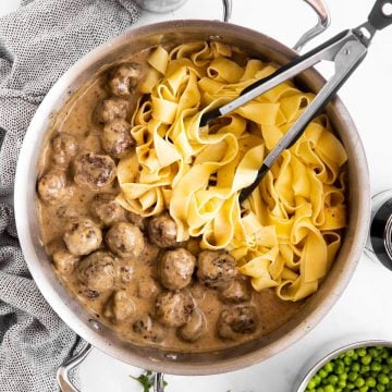 top down view on pan with noodles, Swedish meatballs