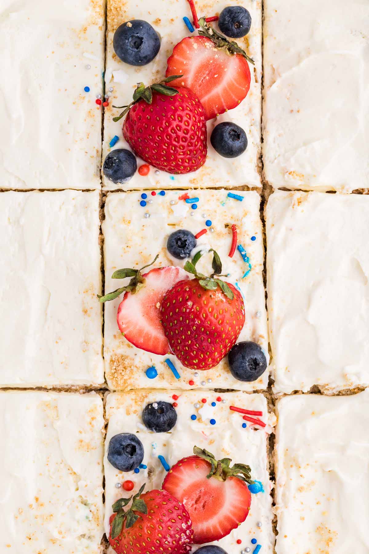 close up view of sliced berry icebox cake