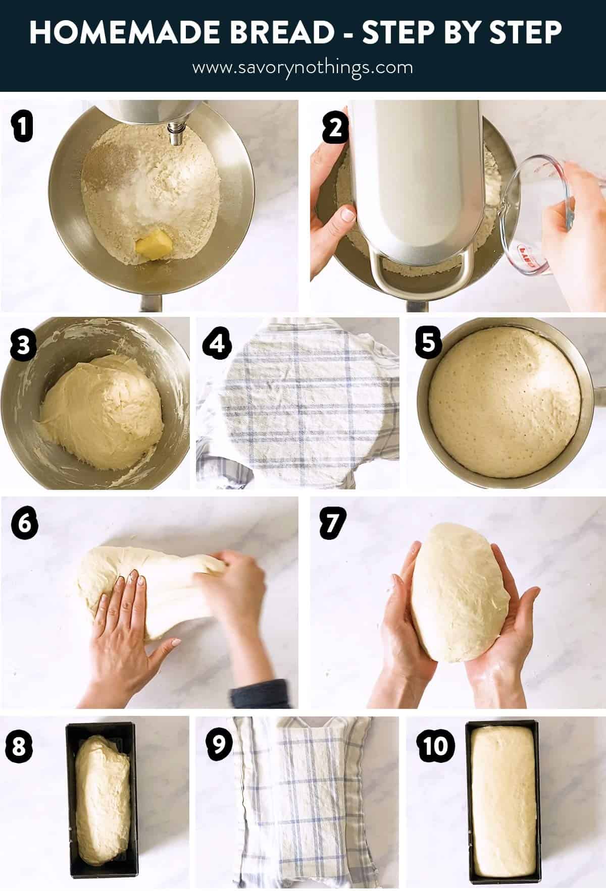 photo collage to show the steps in making homemade bread