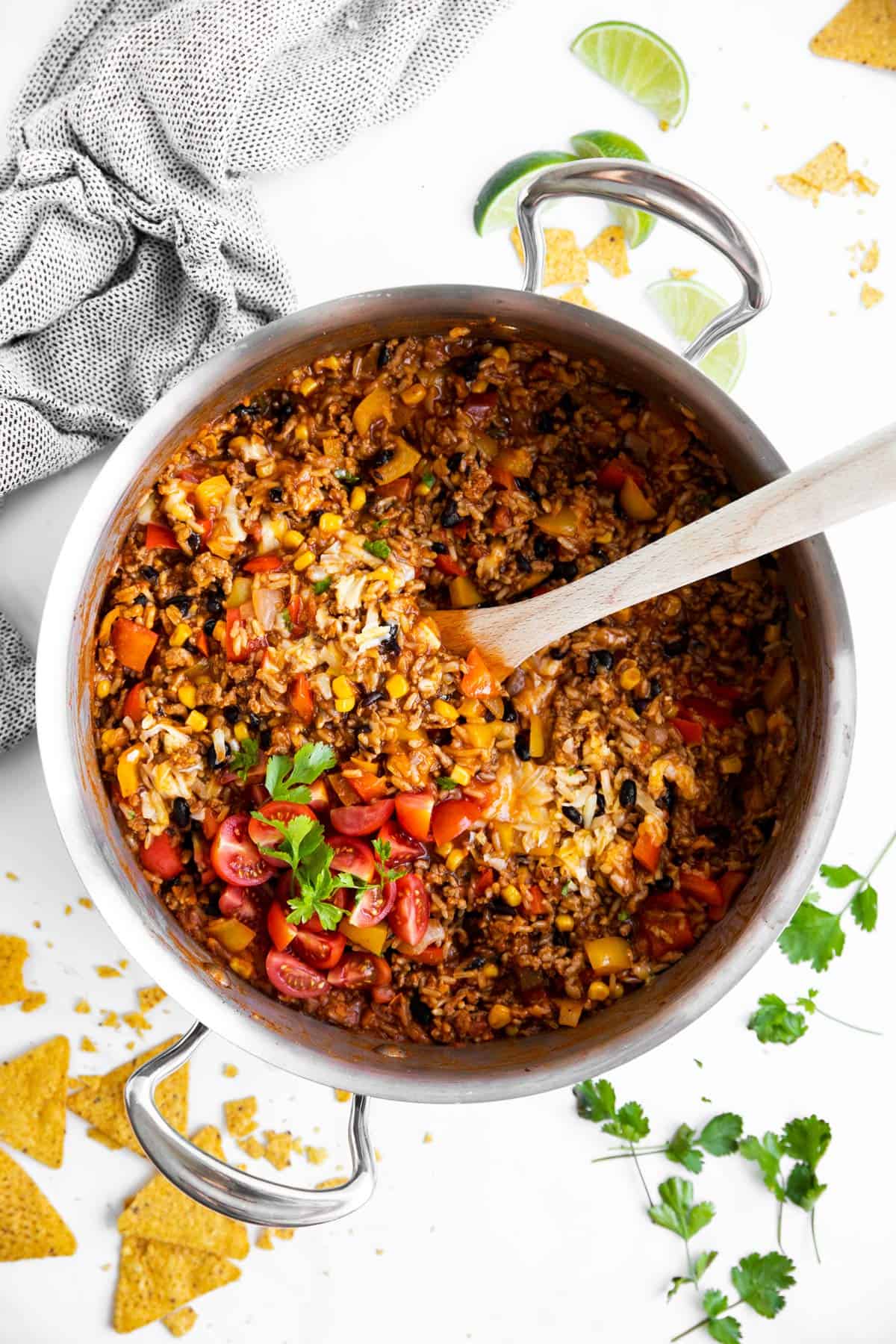 top down view on a skillet filled with beef and rice