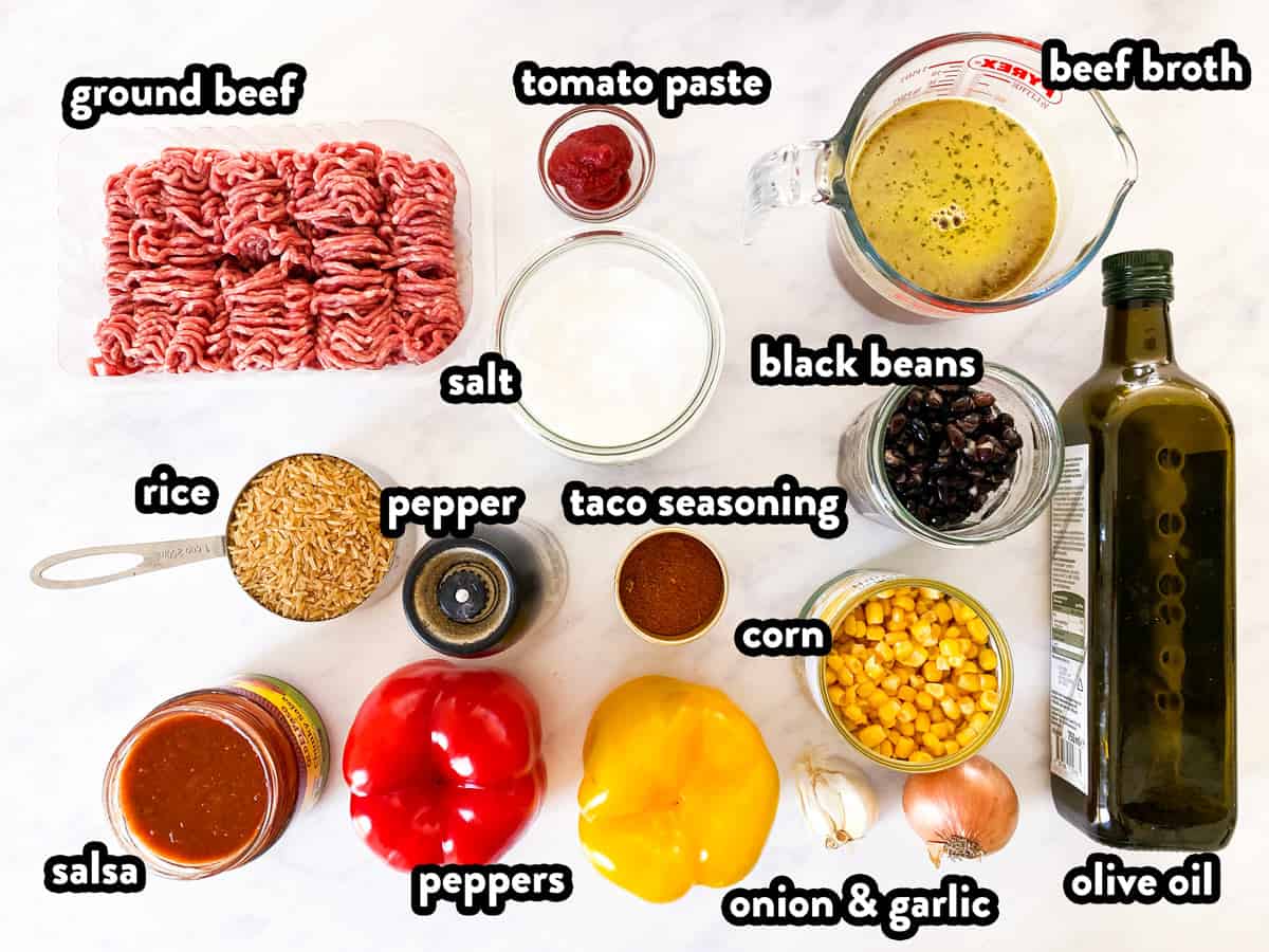 top down view on ingredients to make Mexican beef and rice