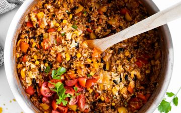 top down view on a skillet filled with beef and rice