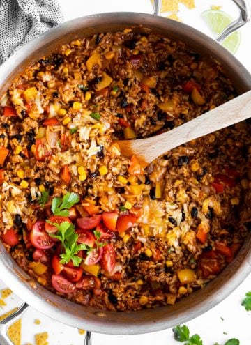 top down view on a skillet filled with beef and rice