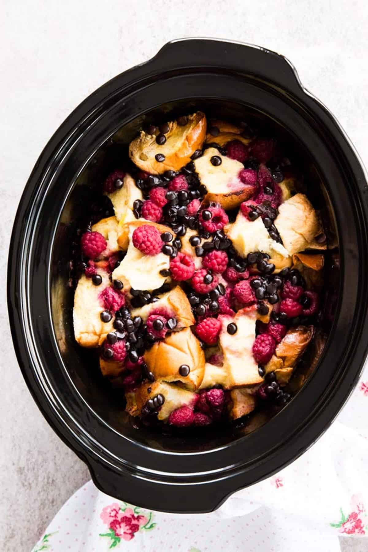 Crockpot Raspberry Chocolate Chip French Toast Casserole - Savory Nothings