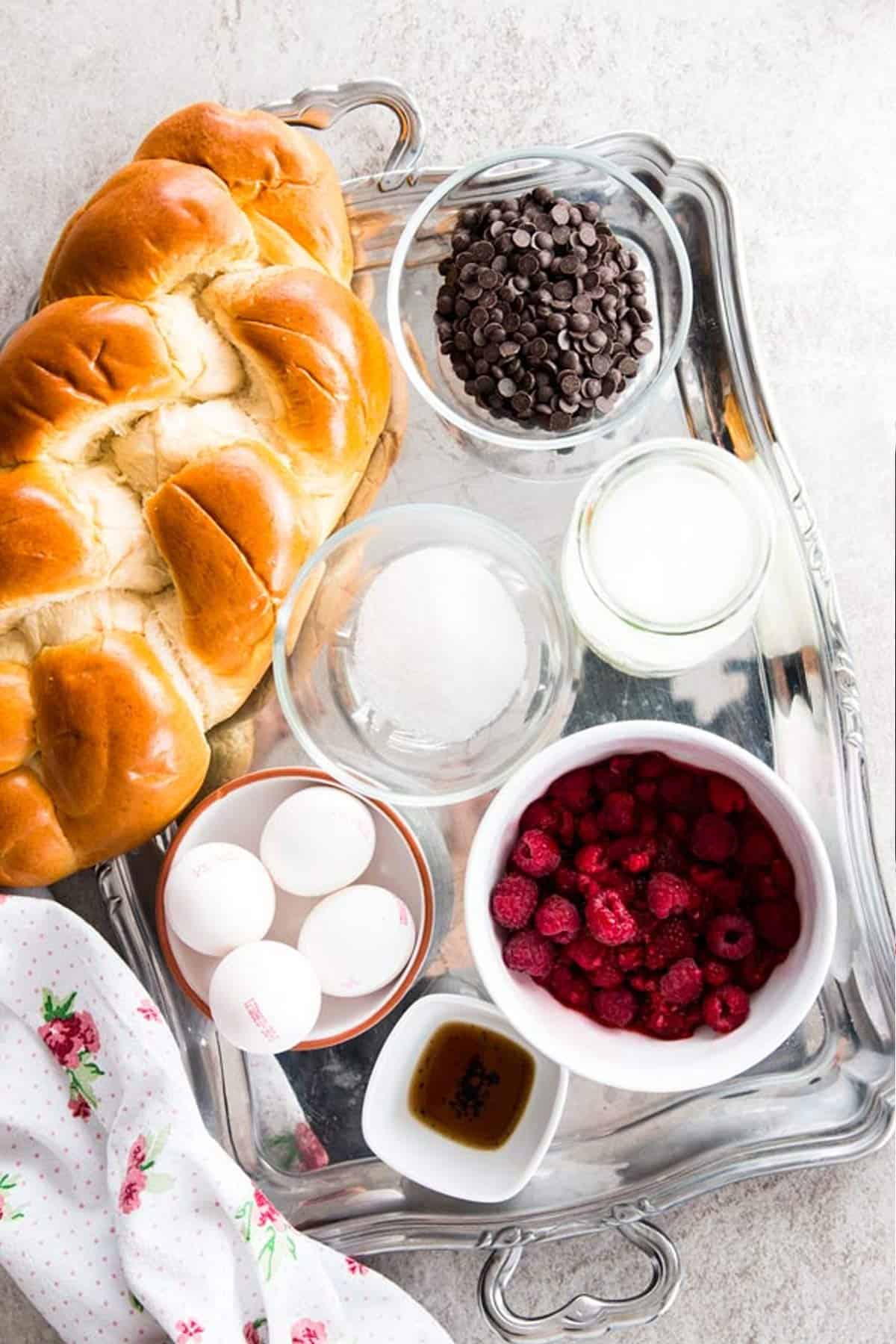 top down view on ingredients to make raspberry chocolate chip French toast