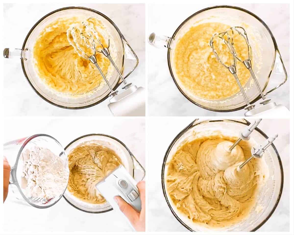 photo collage to show how to make cake batter for rhubarb coffee cake