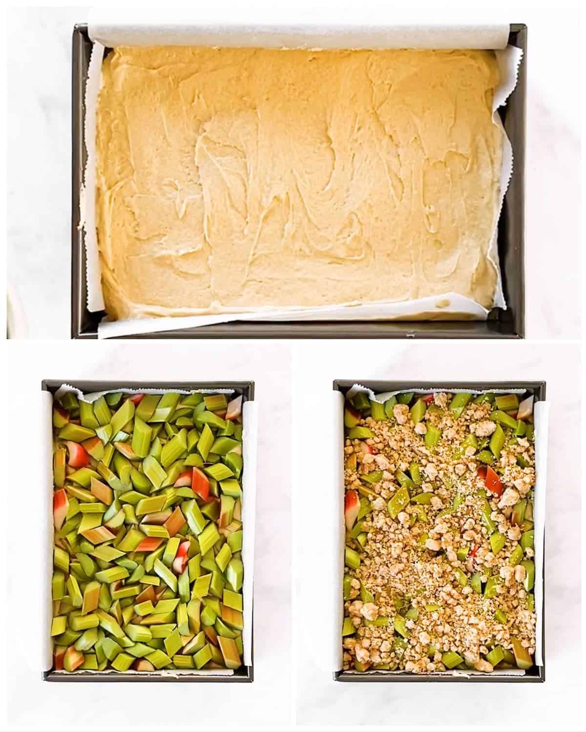 photo collage to show how to assemble a rhubarb coffee cake