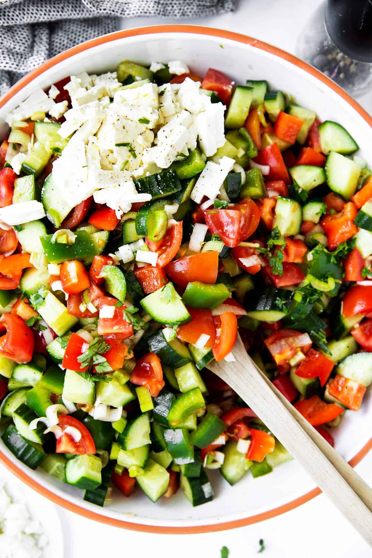 top down view on a salad bowl with shopska salad