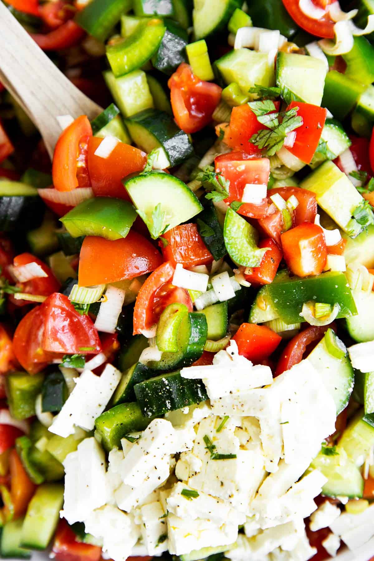 close up photo of diced salad vegetables and cheese