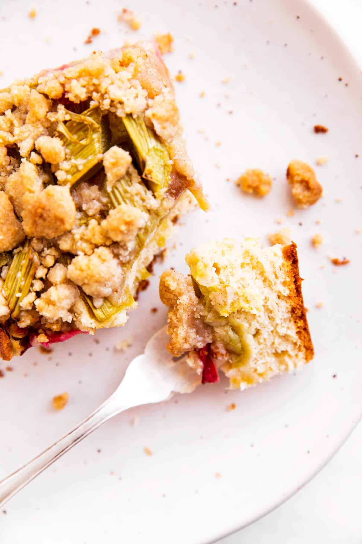 top down view on coffee cake with a bite taken out