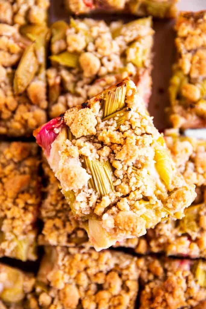 close up of streusel rhubarb coffee cake