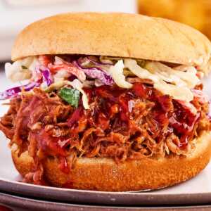 Pulled pork sandwich with coleslaw.