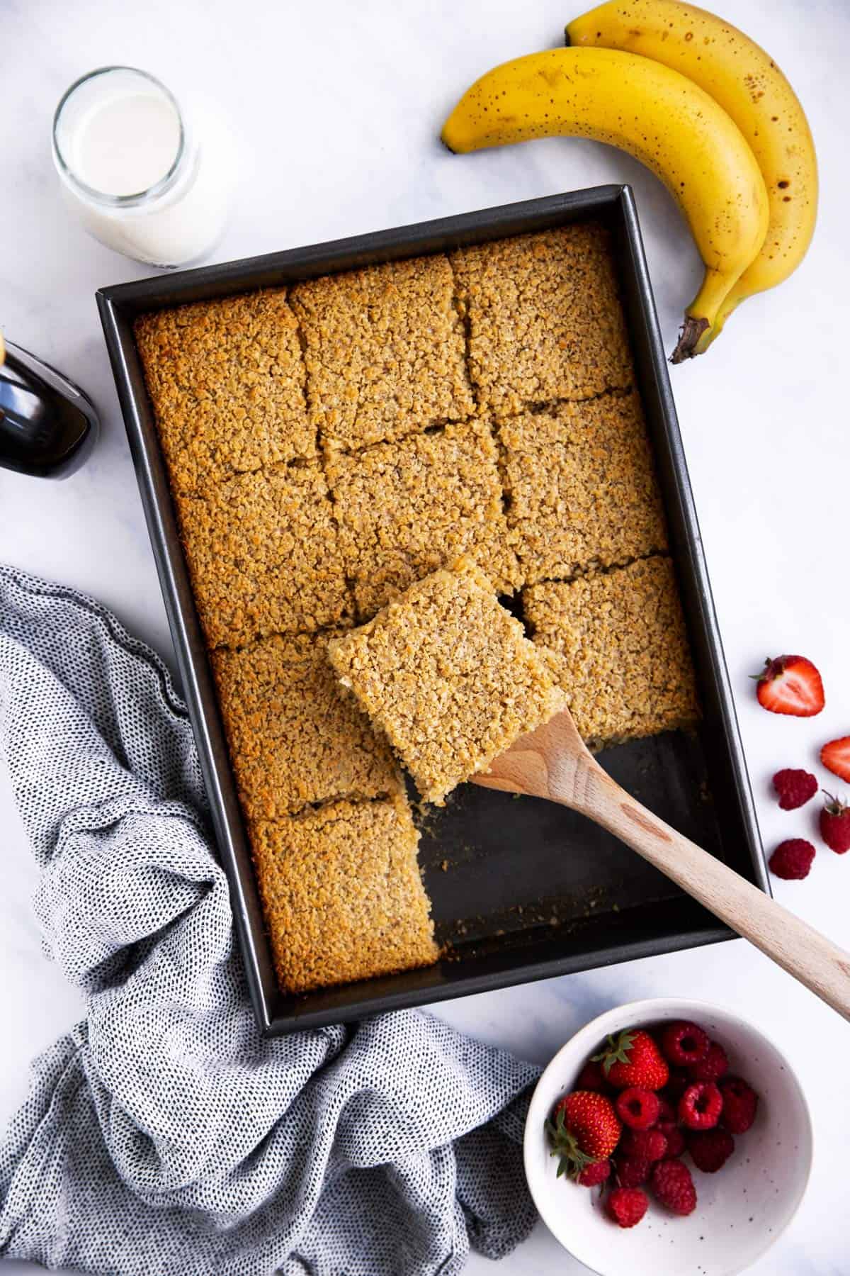 overhead view of sliced baked oatmeal