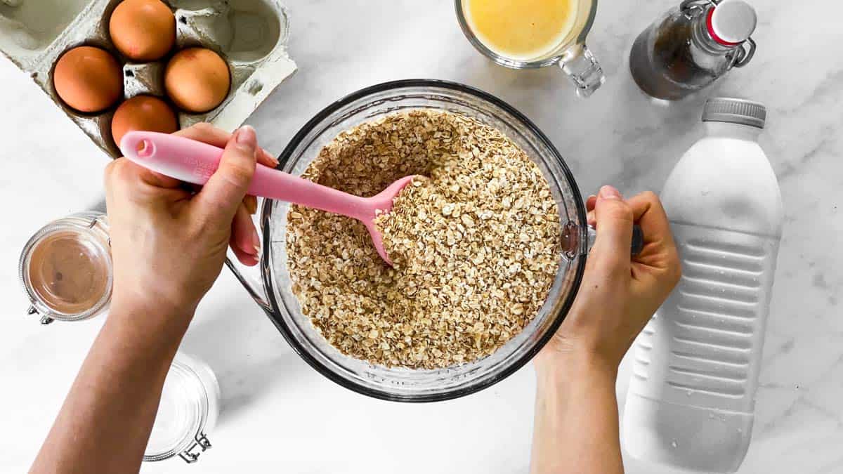 stirring dry ingredients for baked oatmeal