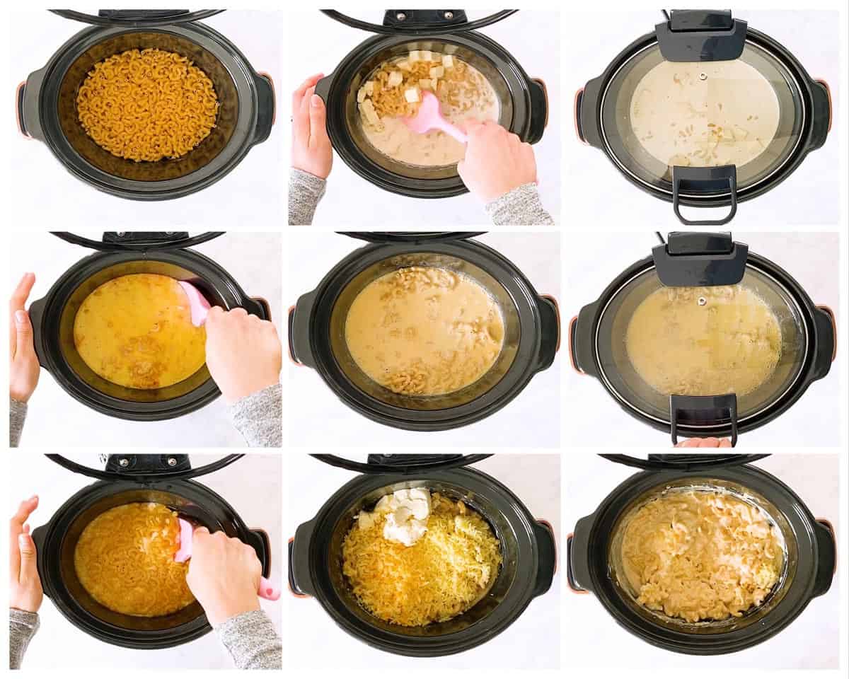 collage of steps to make slow cooker Mac and cheese