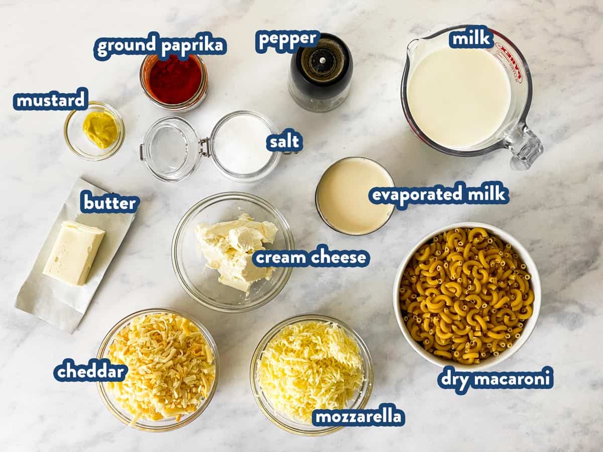 ingredients for slow cooker Mac and cheese with text labels