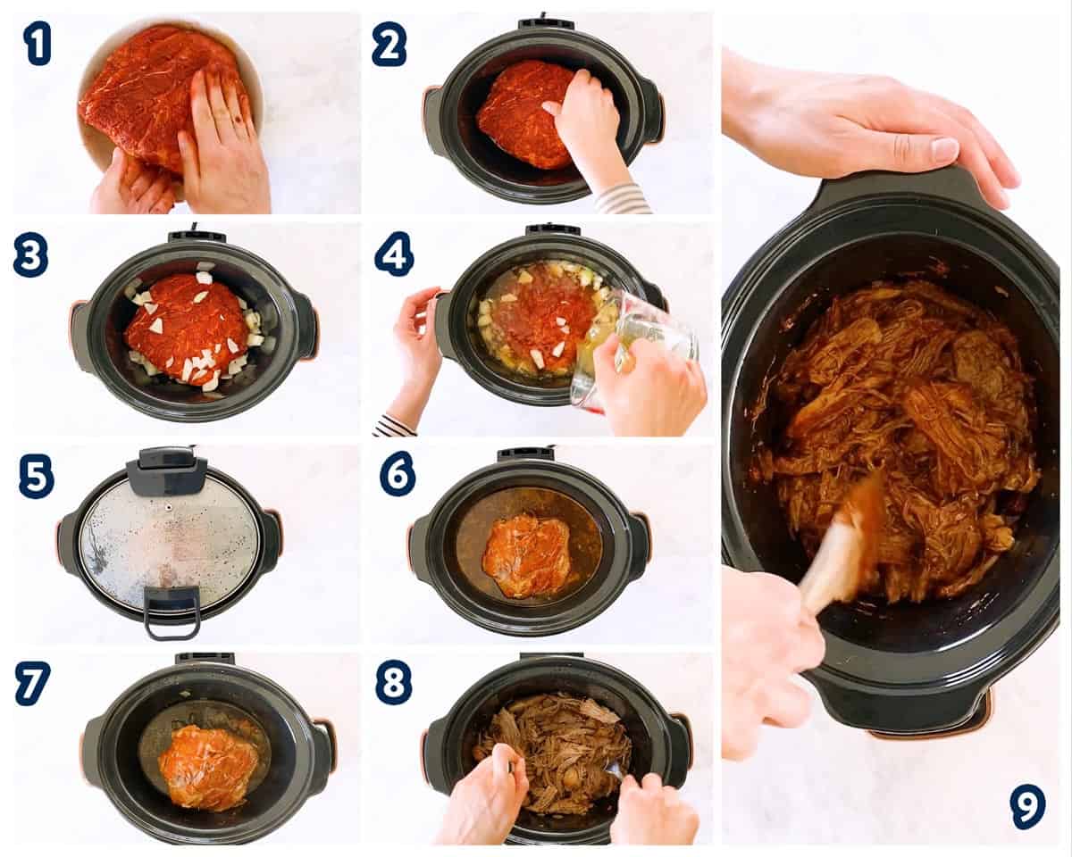 collage of steps to make crockpot pulled pork