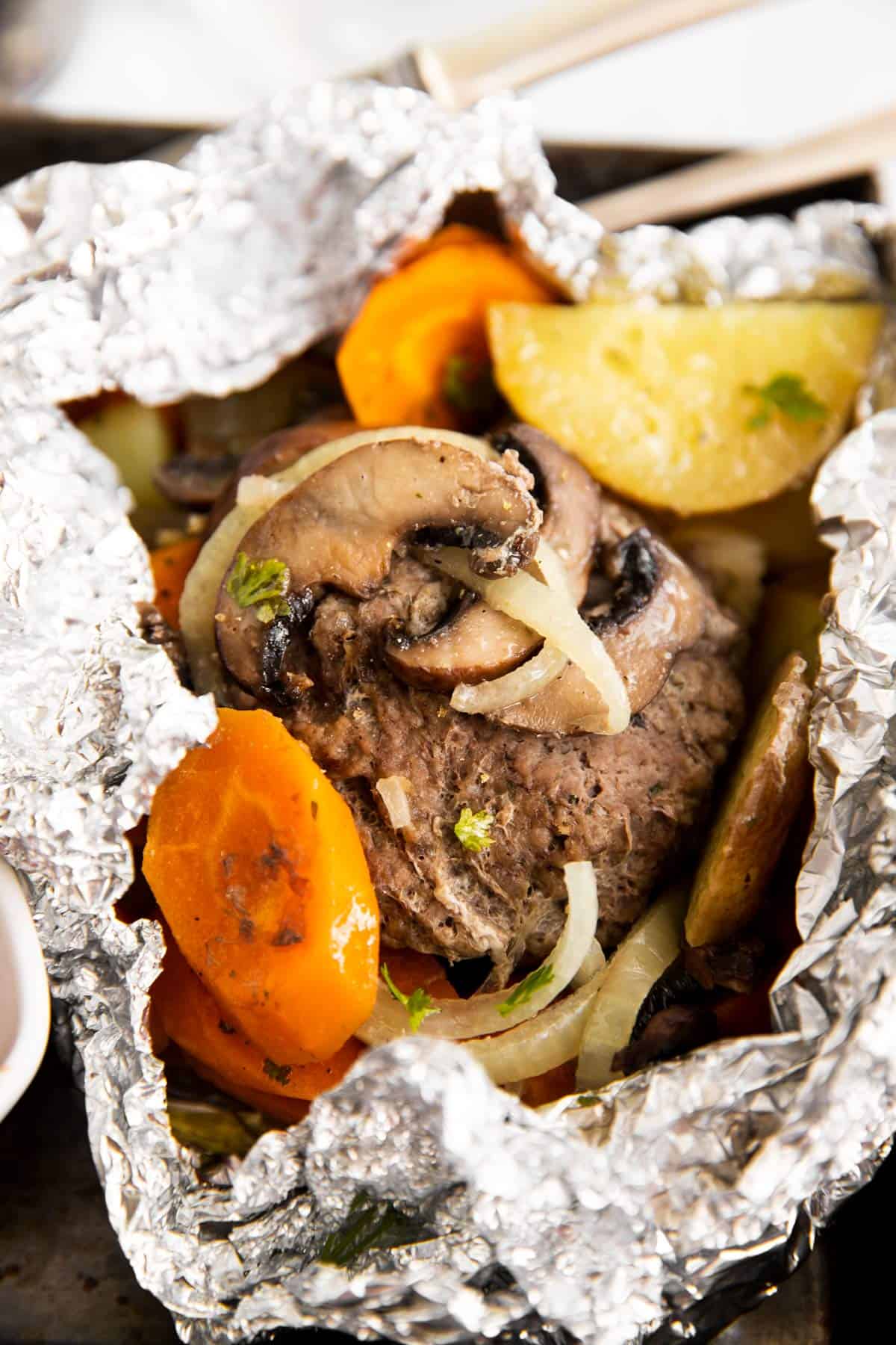 close up view of hobo dinner foil packet