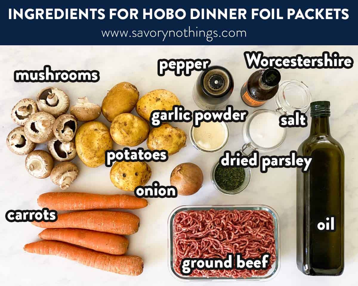 ingredients to make hobo dinner with text labels