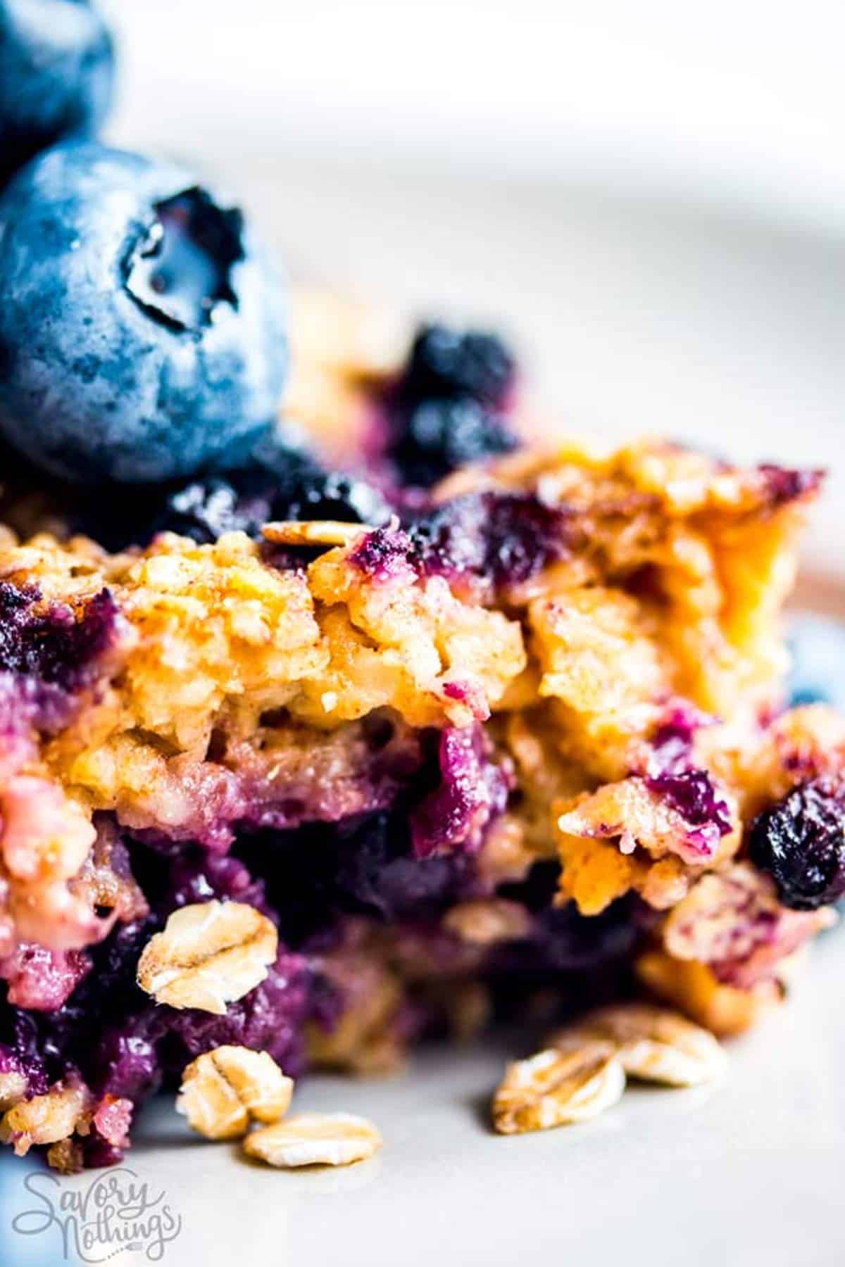 close up photo of blueberry baked oatmeal
