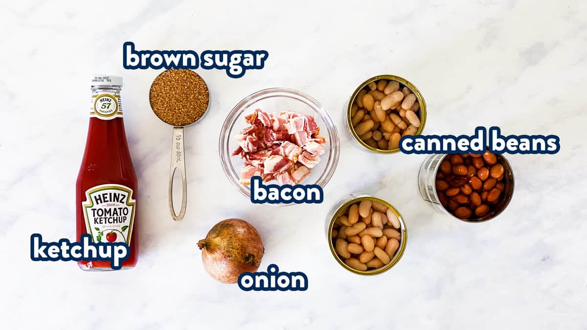 ingredients for baked beans with text labels