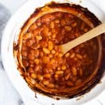 view from top on white crock with baked beans