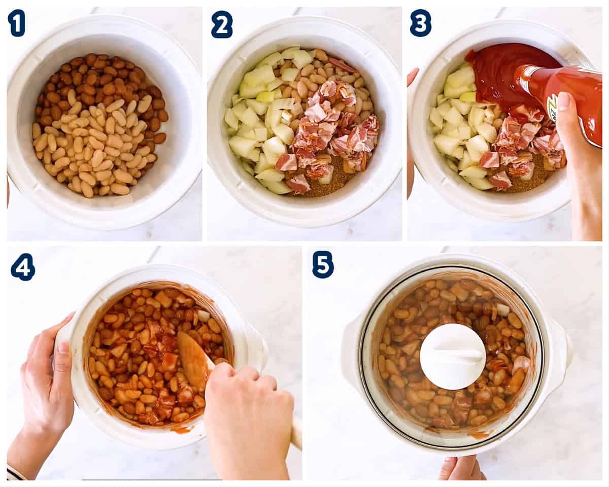 collage of steps to make baked beans in a slow cooker