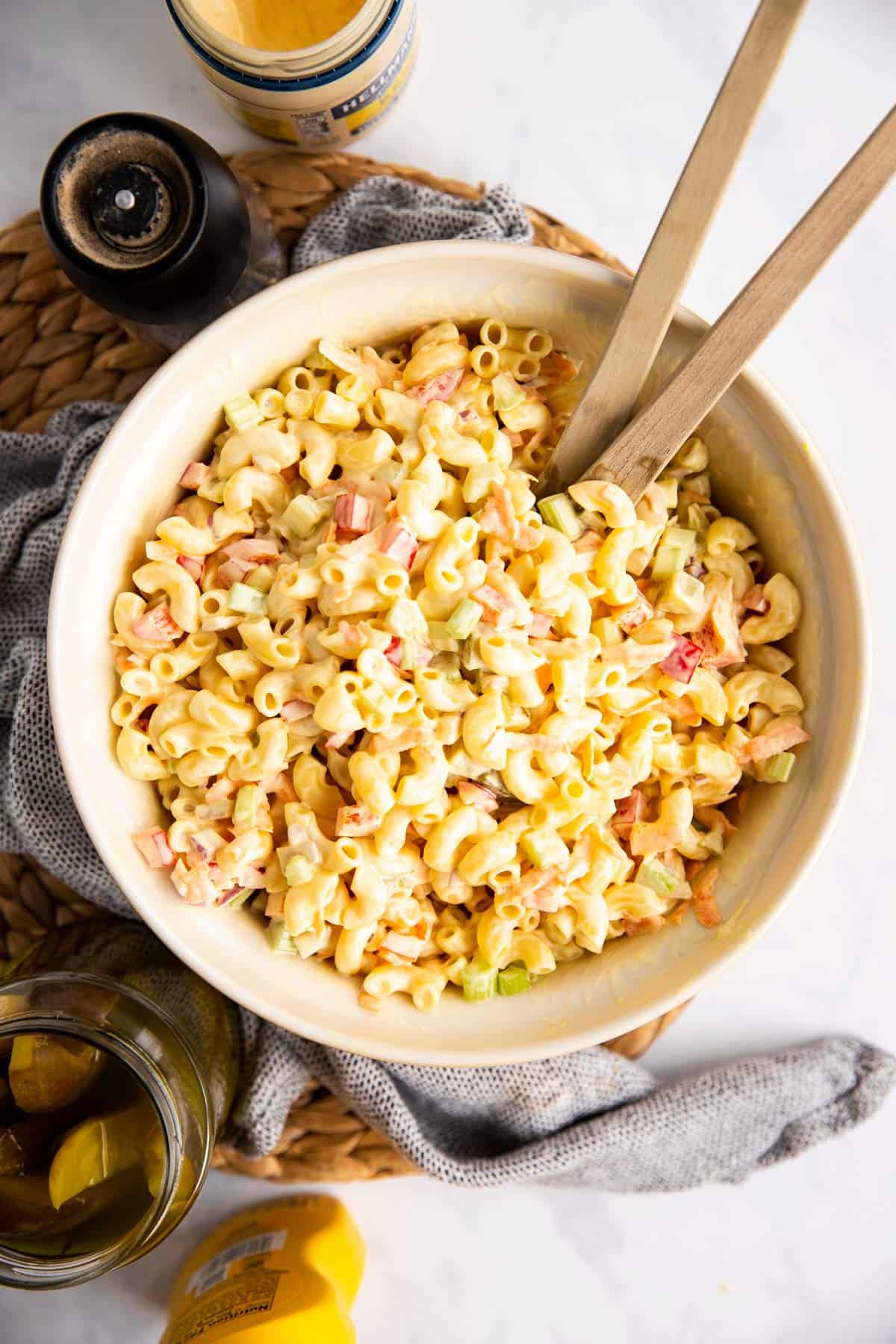 overhead view on bowl with macaroni salad on placemat