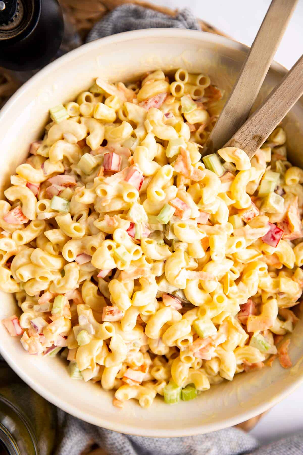 overhead view on bowl with macaroni salad