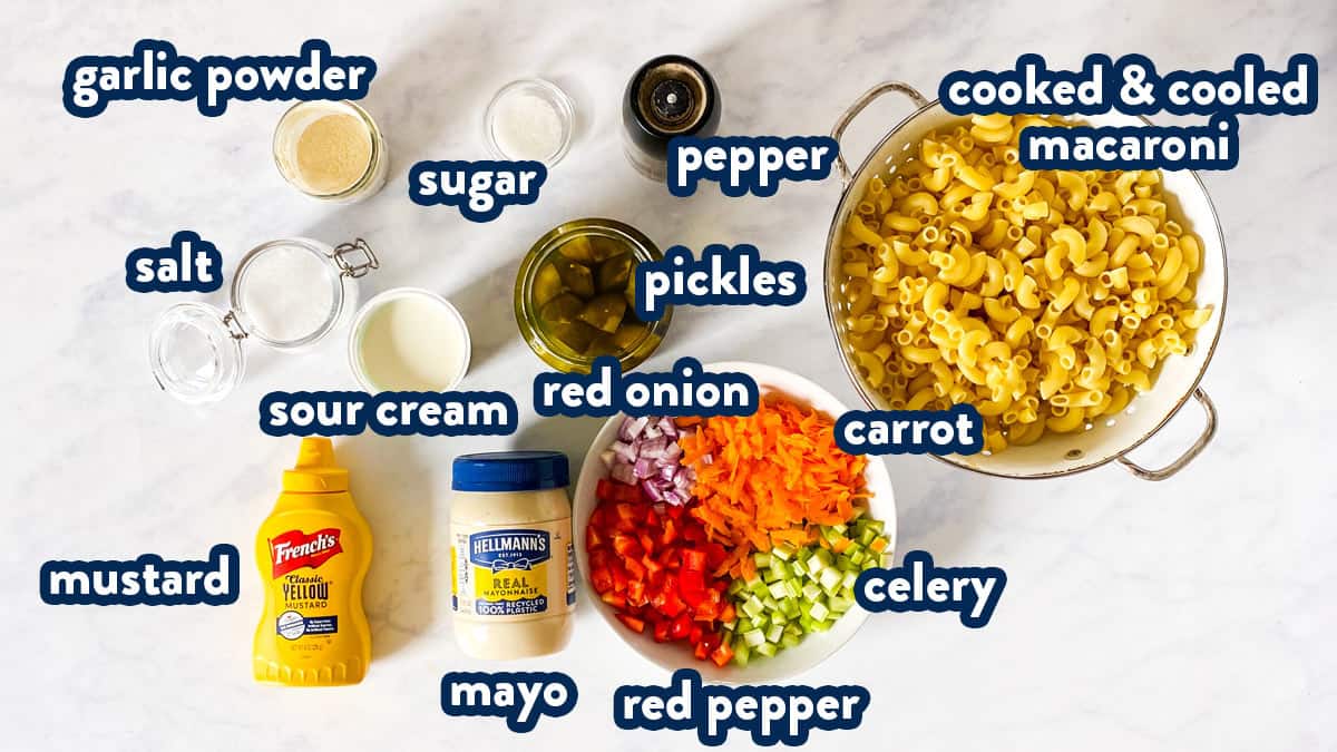 ingredients for classic macaroni salad with text labels