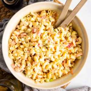 overhead view on bowl with macaroni salad